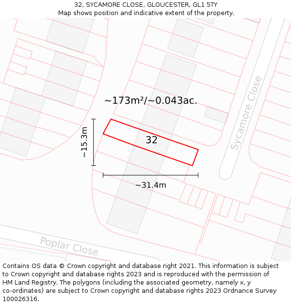32, SYCAMORE CLOSE, GLOUCESTER, GL1 5TY: Plot and title map