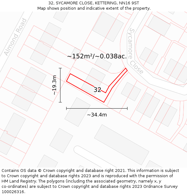 32, SYCAMORE CLOSE, KETTERING, NN16 9ST: Plot and title map