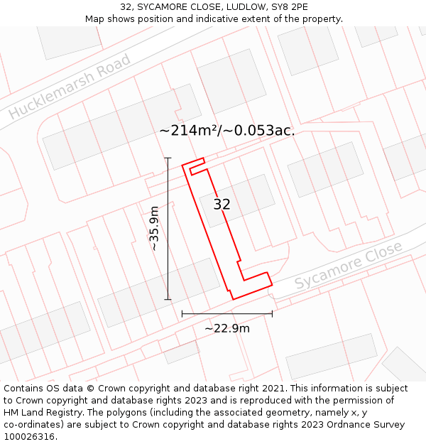 32, SYCAMORE CLOSE, LUDLOW, SY8 2PE: Plot and title map