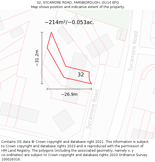 32, SYCAMORE ROAD, FARNBOROUGH, GU14 6PQ: Plot and title map