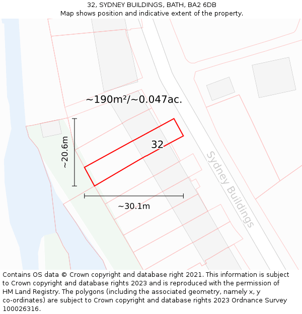 32, SYDNEY BUILDINGS, BATH, BA2 6DB: Plot and title map
