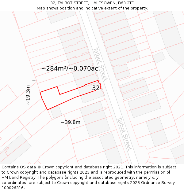 32, TALBOT STREET, HALESOWEN, B63 2TD: Plot and title map