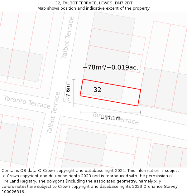 32, TALBOT TERRACE, LEWES, BN7 2DT: Plot and title map