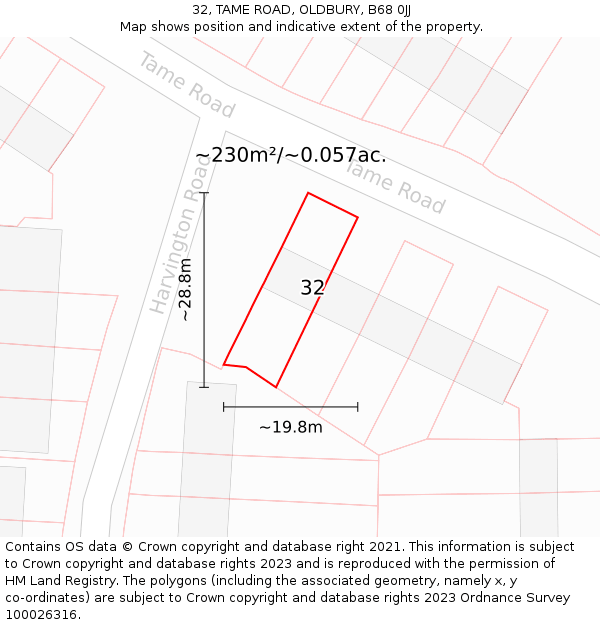 32, TAME ROAD, OLDBURY, B68 0JJ: Plot and title map