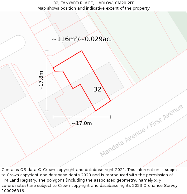 32, TANYARD PLACE, HARLOW, CM20 2FF: Plot and title map