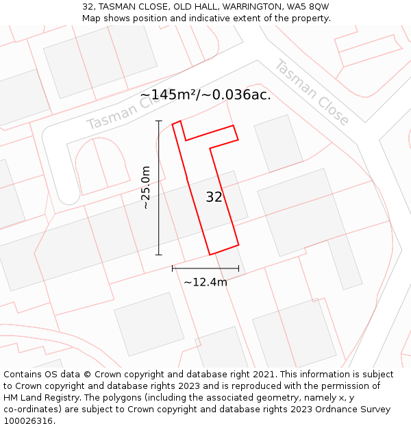 32, TASMAN CLOSE, OLD HALL, WARRINGTON, WA5 8QW: Plot and title map