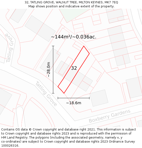 32, TATLING GROVE, WALNUT TREE, MILTON KEYNES, MK7 7EQ: Plot and title map