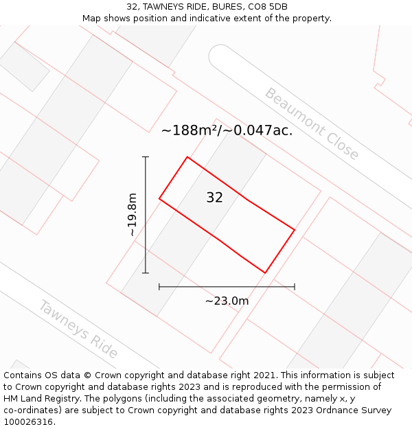 32, TAWNEYS RIDE, BURES, CO8 5DB: Plot and title map
