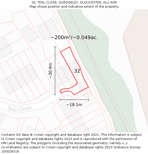 32, TEAL CLOSE, QUEDGELEY, GLOUCESTER, GL2 4GR: Plot and title map