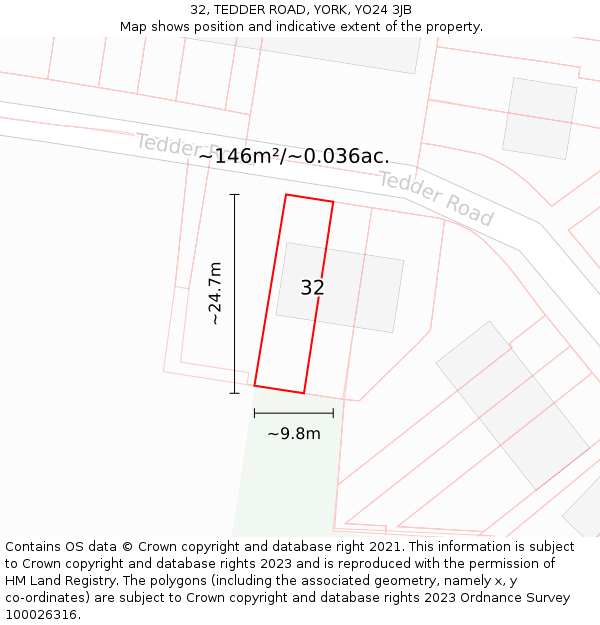 32, TEDDER ROAD, YORK, YO24 3JB: Plot and title map