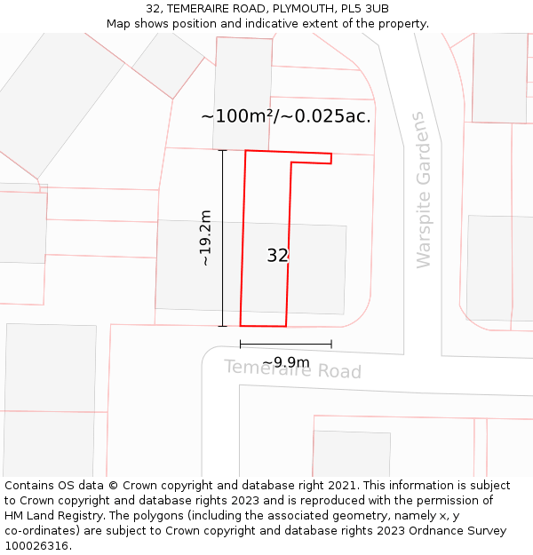 32, TEMERAIRE ROAD, PLYMOUTH, PL5 3UB: Plot and title map