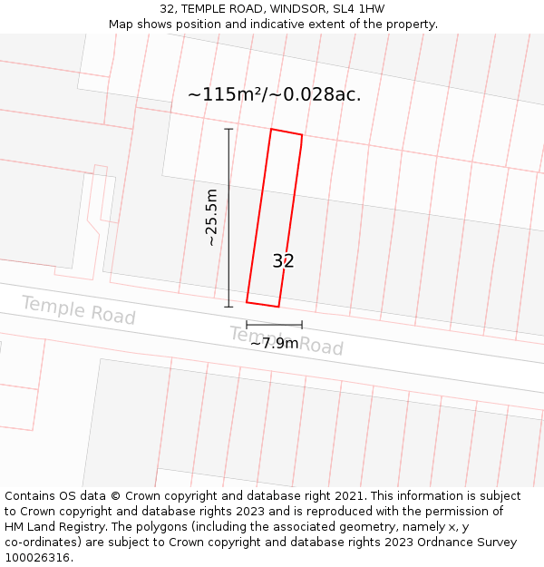 32, TEMPLE ROAD, WINDSOR, SL4 1HW: Plot and title map