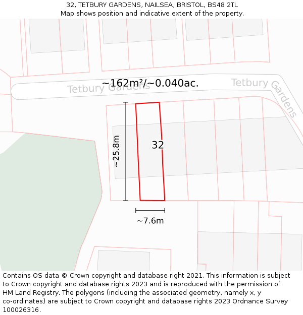 32, TETBURY GARDENS, NAILSEA, BRISTOL, BS48 2TL: Plot and title map