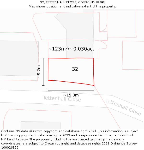 32, TETTENHALL CLOSE, CORBY, NN18 9PJ: Plot and title map