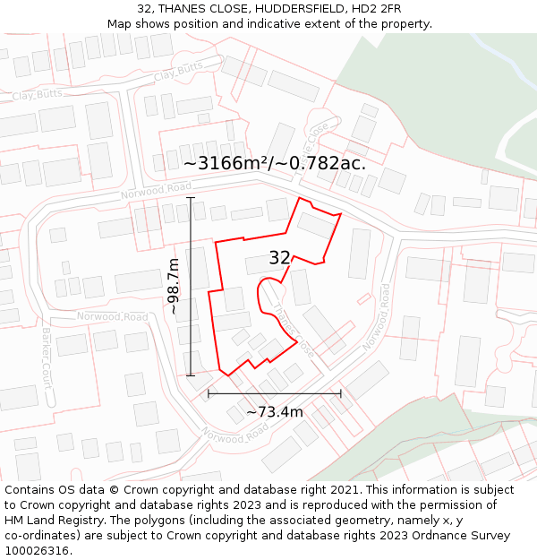 32, THANES CLOSE, HUDDERSFIELD, HD2 2FR: Plot and title map