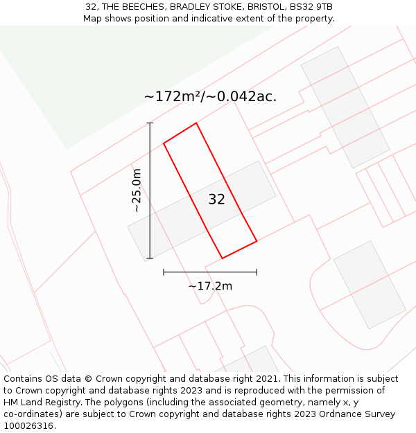 32, THE BEECHES, BRADLEY STOKE, BRISTOL, BS32 9TB: Plot and title map