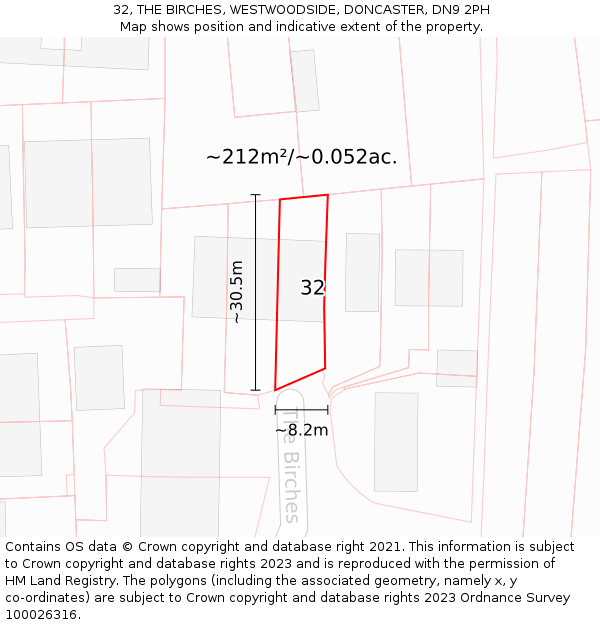 32, THE BIRCHES, WESTWOODSIDE, DONCASTER, DN9 2PH: Plot and title map