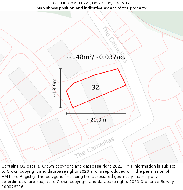 32, THE CAMELLIAS, BANBURY, OX16 1YT: Plot and title map