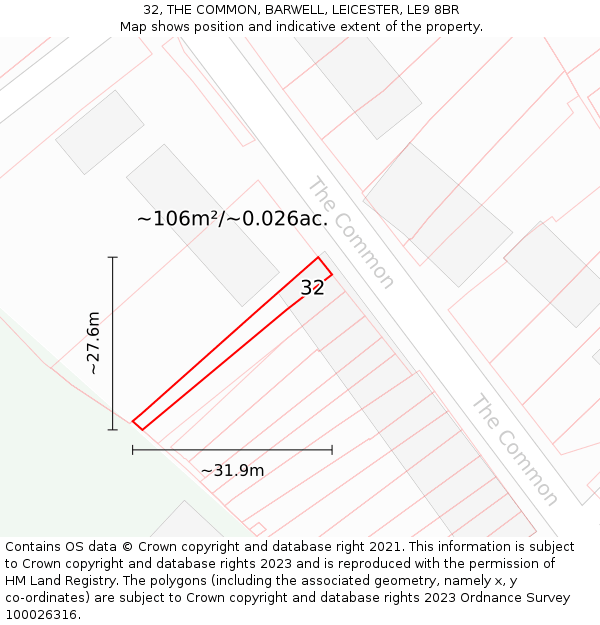 32, THE COMMON, BARWELL, LEICESTER, LE9 8BR: Plot and title map