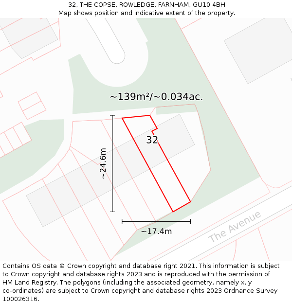 32, THE COPSE, ROWLEDGE, FARNHAM, GU10 4BH: Plot and title map