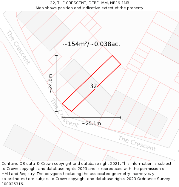 32, THE CRESCENT, DEREHAM, NR19 1NR: Plot and title map