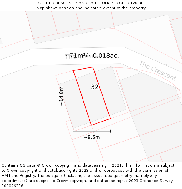 32, THE CRESCENT, SANDGATE, FOLKESTONE, CT20 3EE: Plot and title map