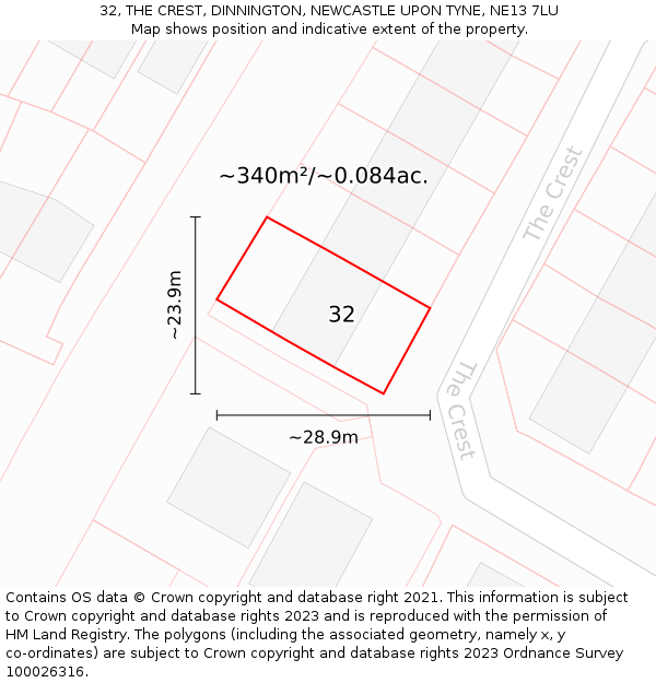 32, THE CREST, DINNINGTON, NEWCASTLE UPON TYNE, NE13 7LU: Plot and title map