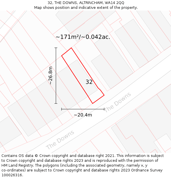 32, THE DOWNS, ALTRINCHAM, WA14 2QQ: Plot and title map