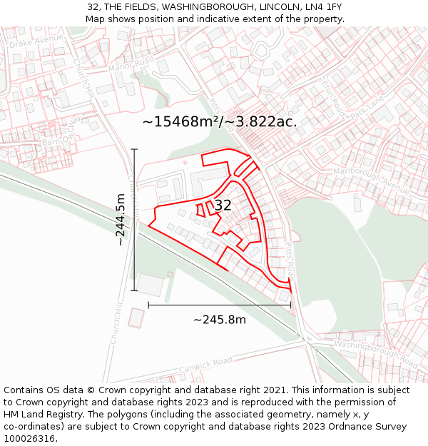 32, THE FIELDS, WASHINGBOROUGH, LINCOLN, LN4 1FY: Plot and title map
