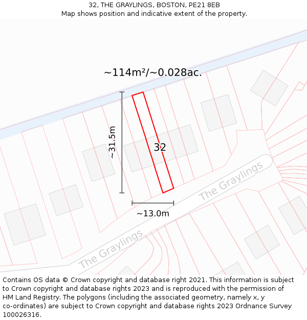 32, THE GRAYLINGS, BOSTON, PE21 8EB: Plot and title map