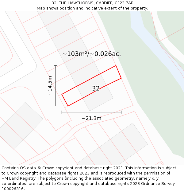 32, THE HAWTHORNS, CARDIFF, CF23 7AP: Plot and title map