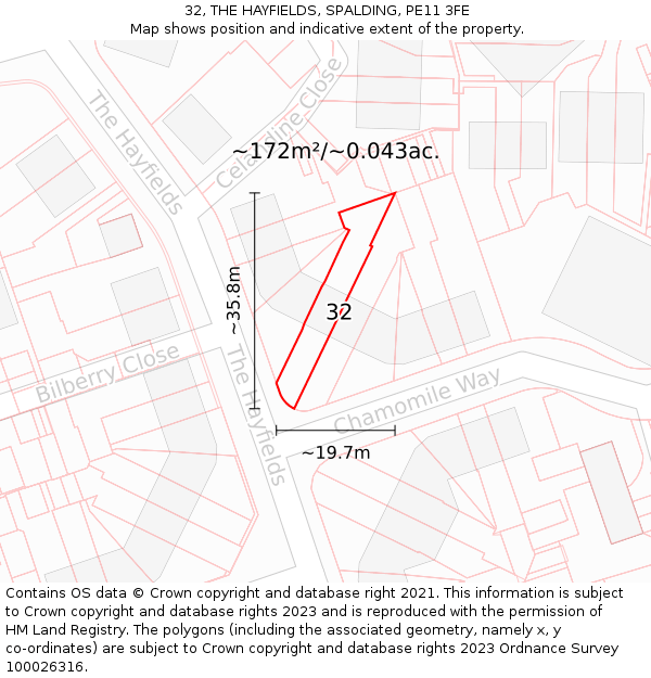 32, THE HAYFIELDS, SPALDING, PE11 3FE: Plot and title map