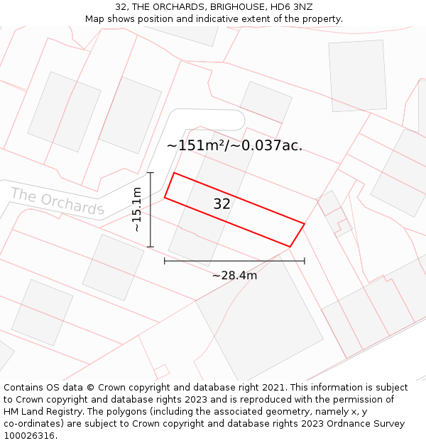 32, THE ORCHARDS, BRIGHOUSE, HD6 3NZ: Plot and title map