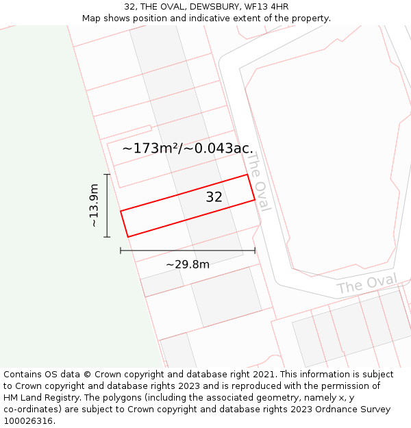 32, THE OVAL, DEWSBURY, WF13 4HR: Plot and title map