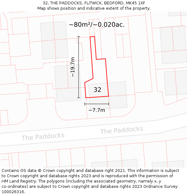 32, THE PADDOCKS, FLITWICK, BEDFORD, MK45 1XF: Plot and title map