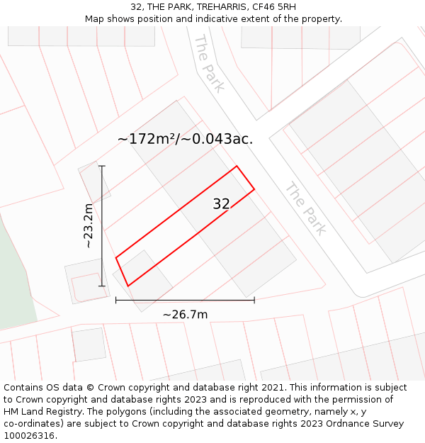 32, THE PARK, TREHARRIS, CF46 5RH: Plot and title map