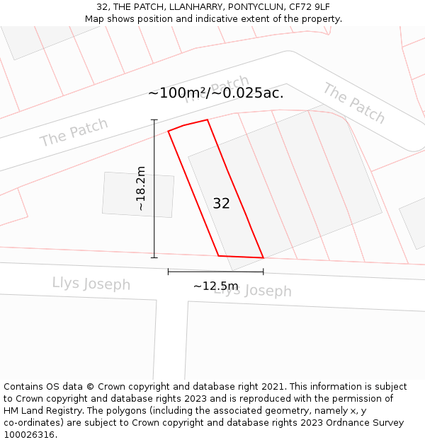 32, THE PATCH, LLANHARRY, PONTYCLUN, CF72 9LF: Plot and title map