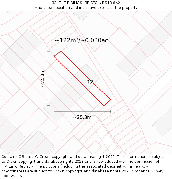 32, THE RIDINGS, BRISTOL, BS13 8NX: Plot and title map