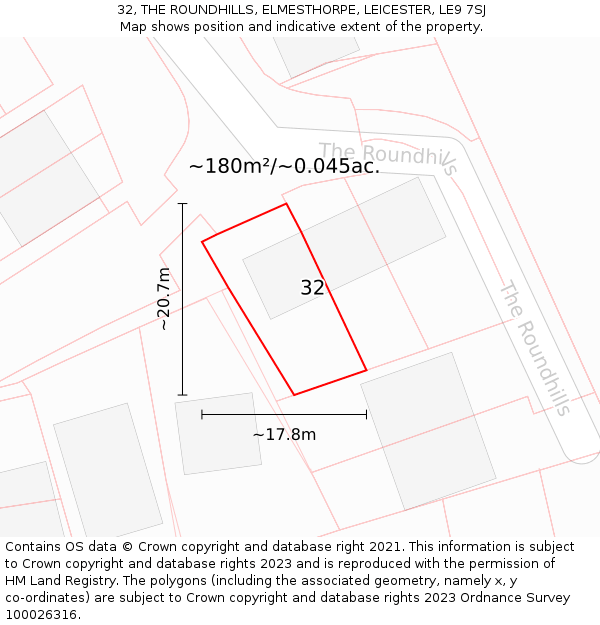 32, THE ROUNDHILLS, ELMESTHORPE, LEICESTER, LE9 7SJ: Plot and title map