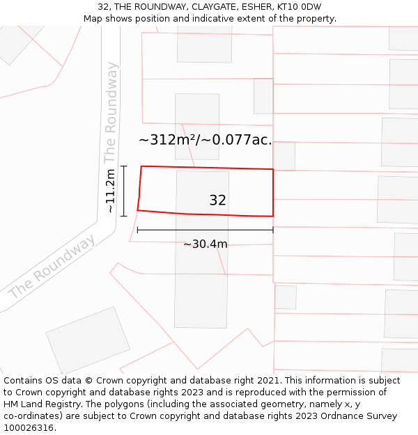 32, THE ROUNDWAY, CLAYGATE, ESHER, KT10 0DW: Plot and title map