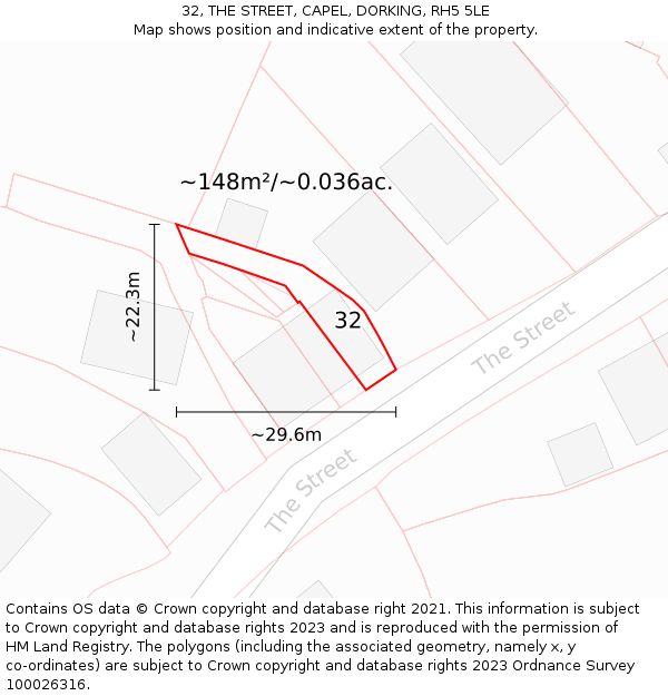 32, THE STREET, CAPEL, DORKING, RH5 5LE: Plot and title map