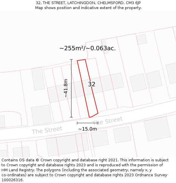 32, THE STREET, LATCHINGDON, CHELMSFORD, CM3 6JP: Plot and title map
