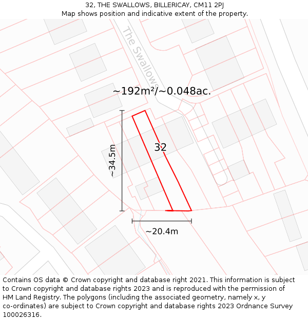 32, THE SWALLOWS, BILLERICAY, CM11 2PJ: Plot and title map