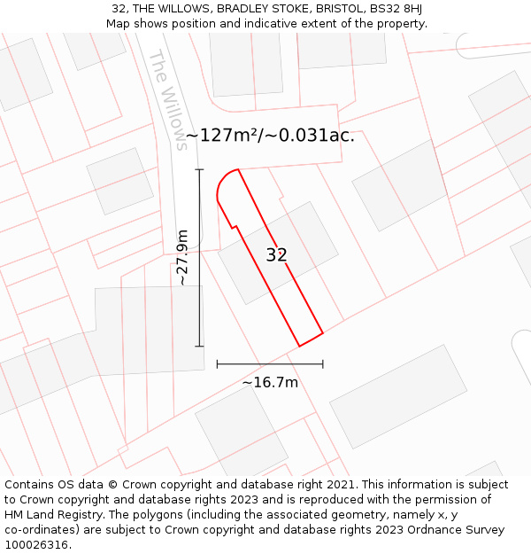 32, THE WILLOWS, BRADLEY STOKE, BRISTOL, BS32 8HJ: Plot and title map