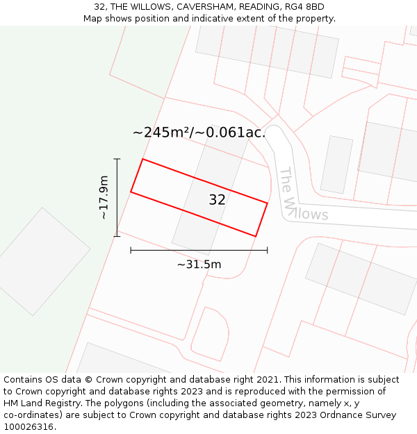 32, THE WILLOWS, CAVERSHAM, READING, RG4 8BD: Plot and title map
