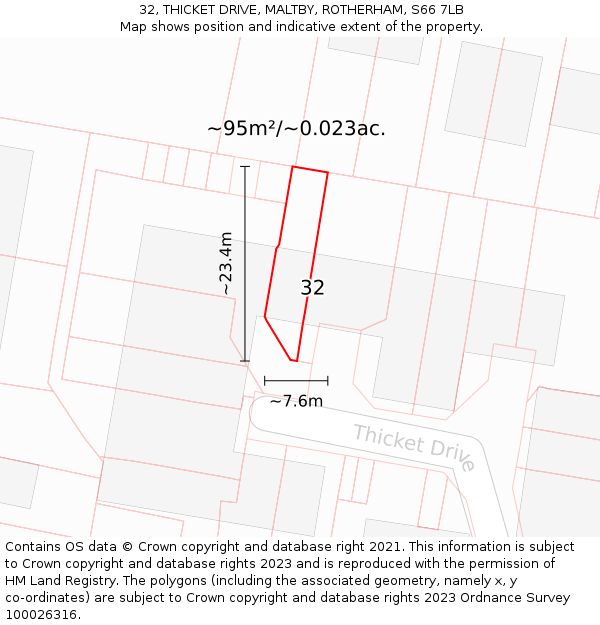32, THICKET DRIVE, MALTBY, ROTHERHAM, S66 7LB: Plot and title map