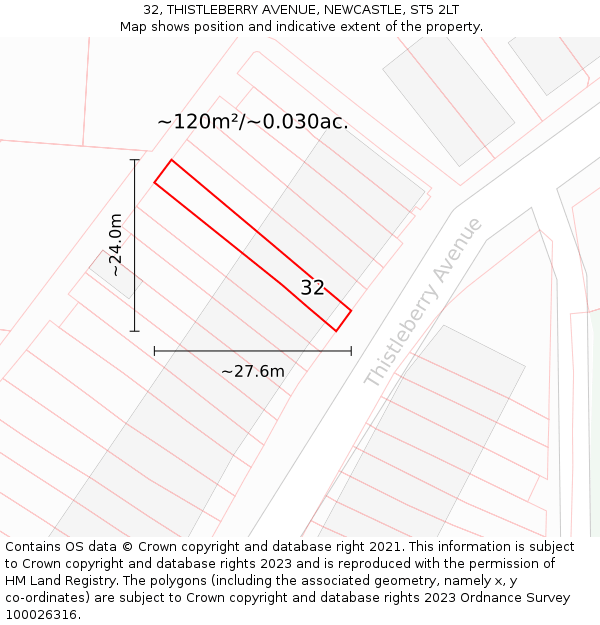 32, THISTLEBERRY AVENUE, NEWCASTLE, ST5 2LT: Plot and title map