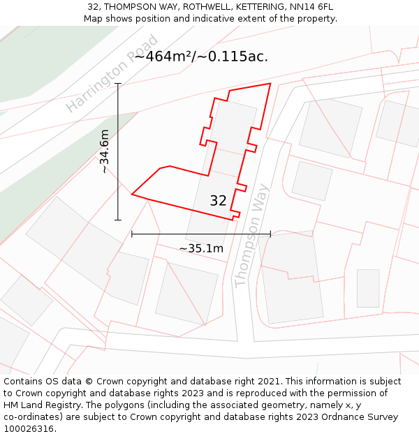 32, THOMPSON WAY, ROTHWELL, KETTERING, NN14 6FL: Plot and title map
