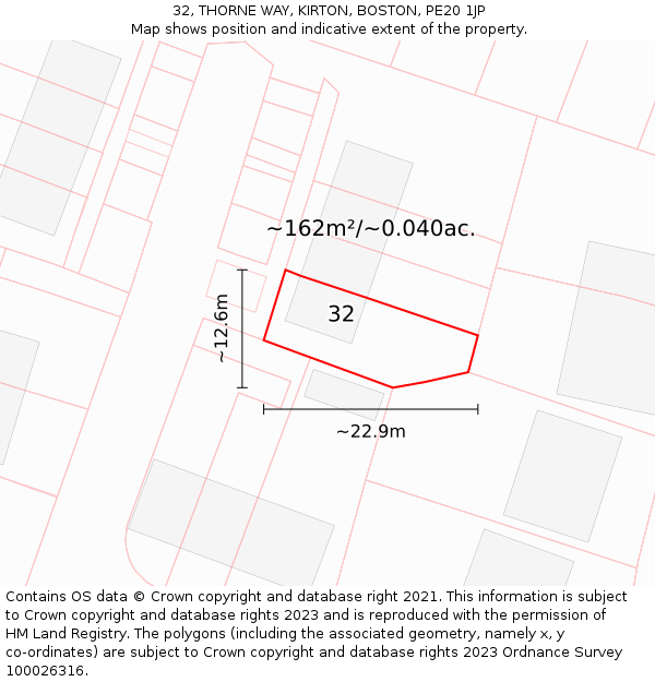 32, THORNE WAY, KIRTON, BOSTON, PE20 1JP: Plot and title map