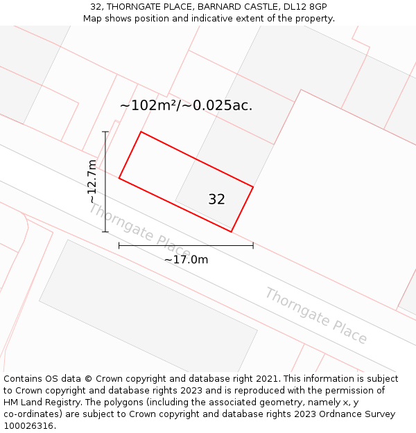 32, THORNGATE PLACE, BARNARD CASTLE, DL12 8GP: Plot and title map